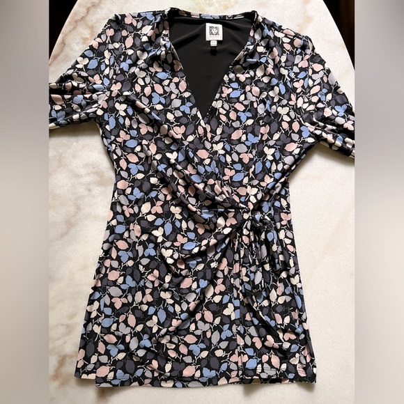 Anne Klein Surplus Faux Wrap Stretch Leaf Print Top Sz S - Picture 10 of 11